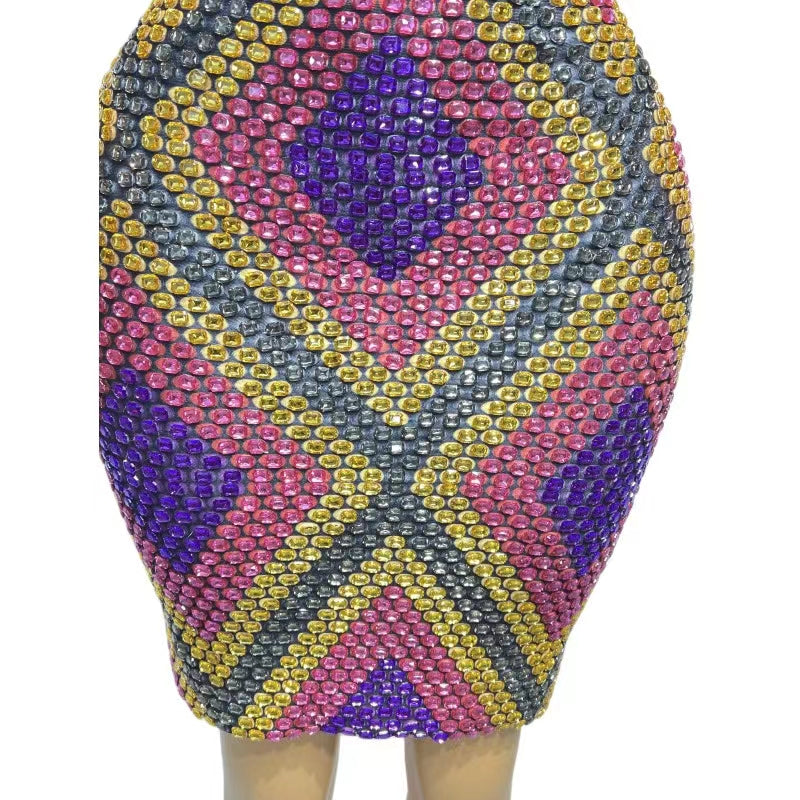 CELESINYI Wuziqi Crystal Mosaic Mini Dress