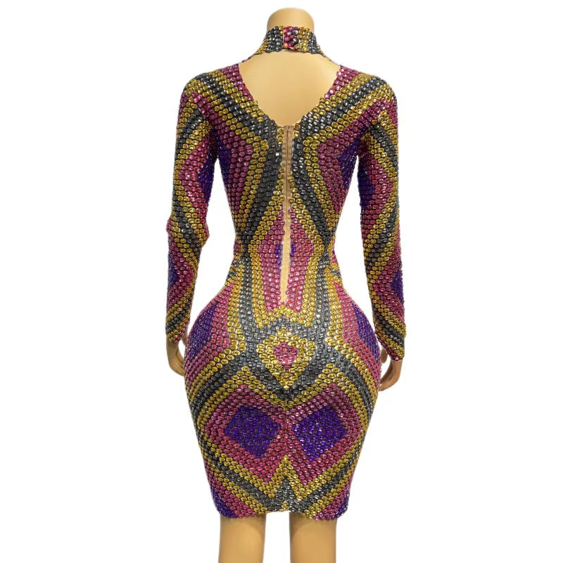 CELESINYI Wuziqi Crystal Mosaic Mini Dress