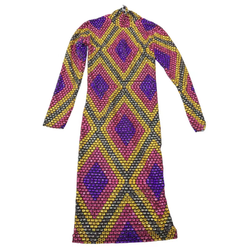 CELESINYI Wuziqi Crystal Mosaic Mini Dress