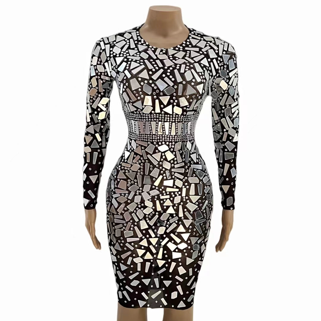 CELESINYI Jingpian Crystal Mirror Belt Mini Dress