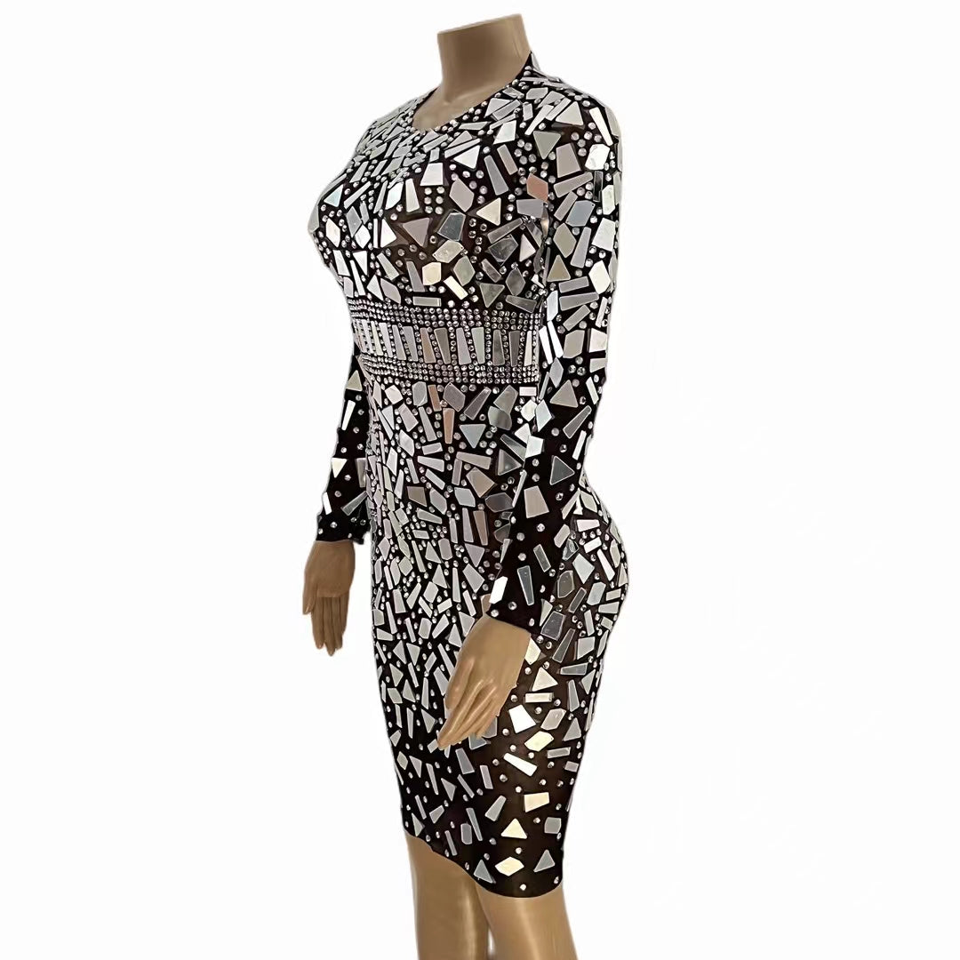 CELESINYI Jingpian Crystal Mirror Belt Mini Dress
