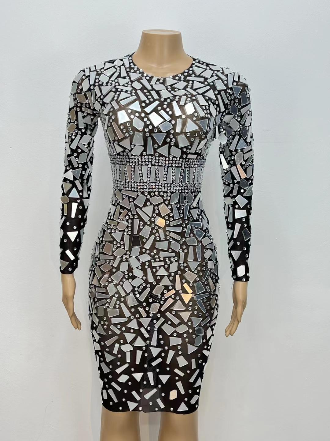 CELESINYI Jingpian Crystal Mirror Belt Mini Dress