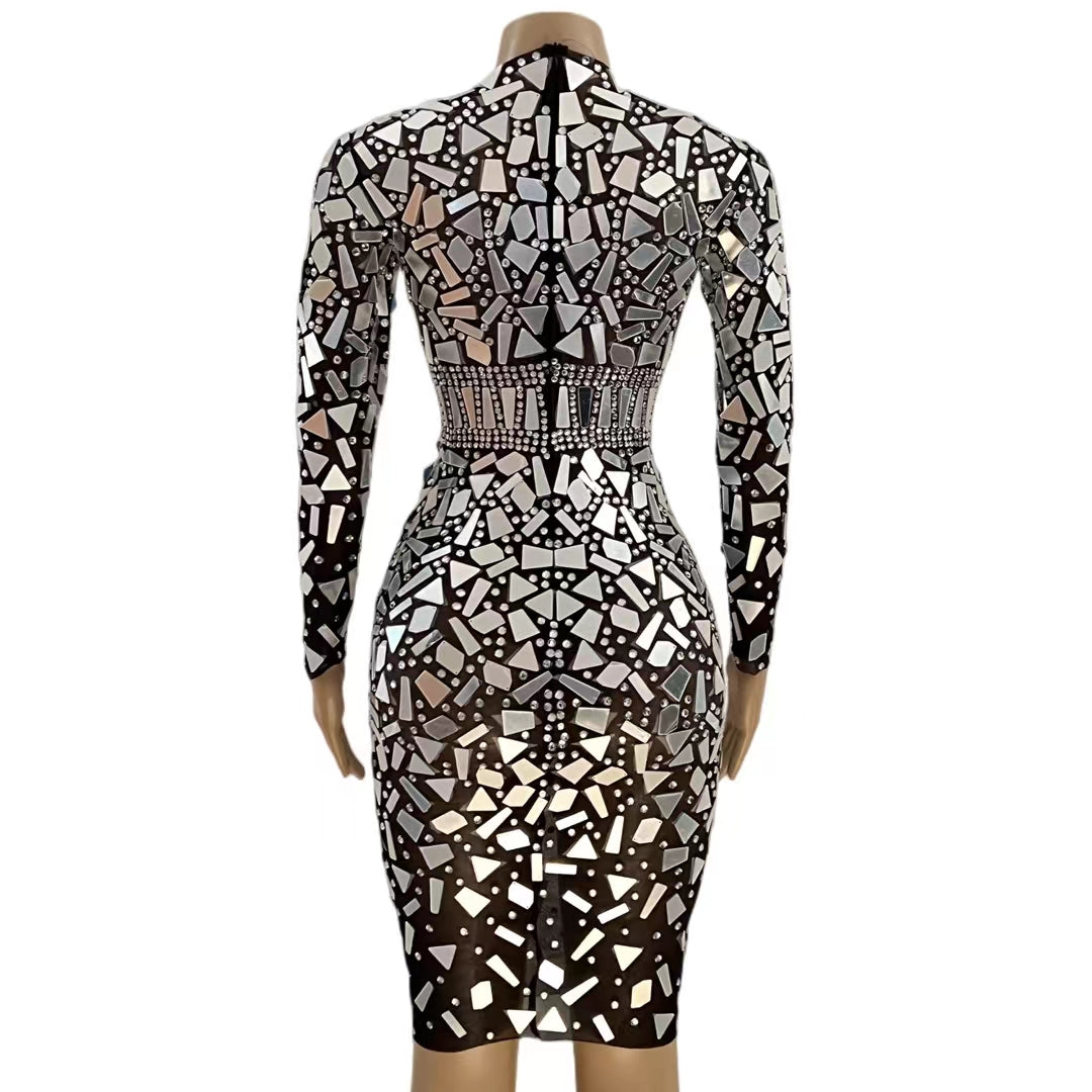 CELESINYI Jingpian Crystal Mirror Belt Mini Dress