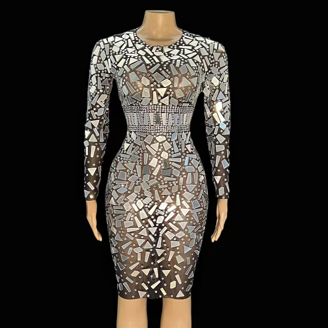 CELESINYI Jingpian Crystal Mirror Belt Mini Dress