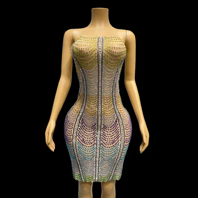 CELESINYI Caihonglian Crystal Rainbow Mini Dress