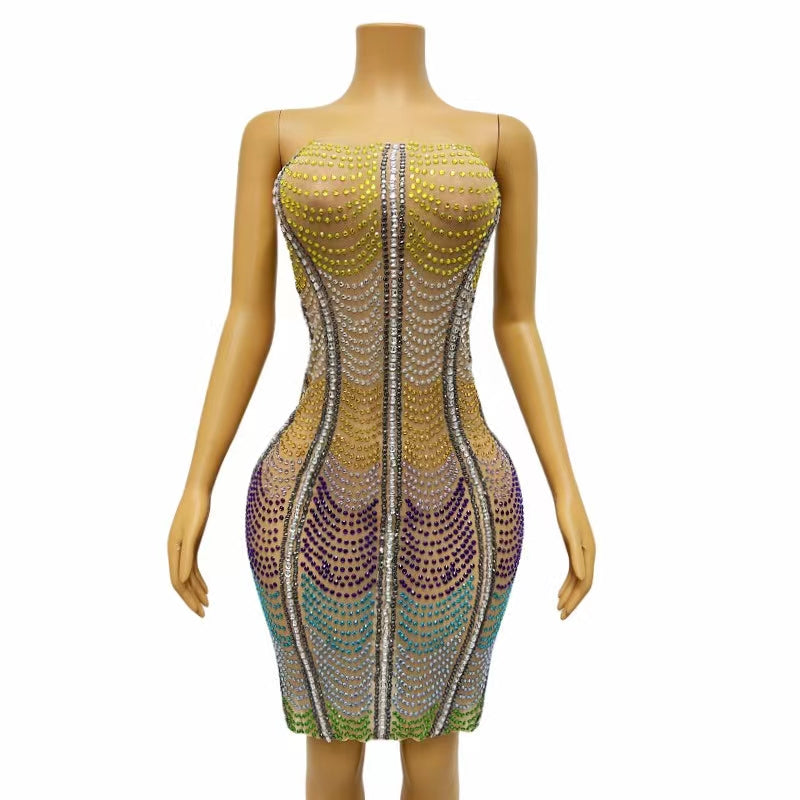 CELESINYI Caihonglian Crystal Rainbow Mini Dress