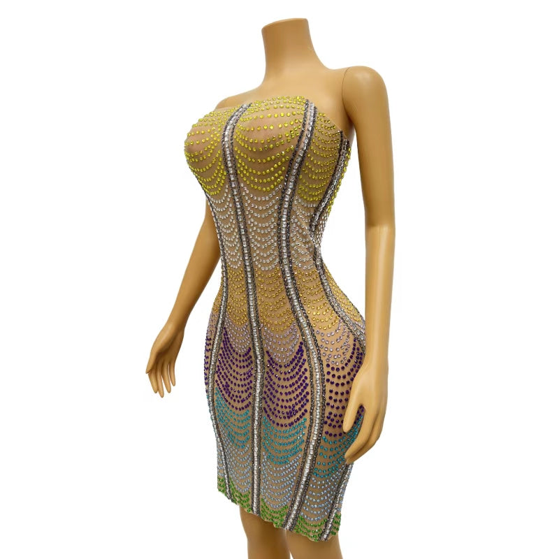 CELESINYI Caihonglian Crystal Rainbow Mini Dress