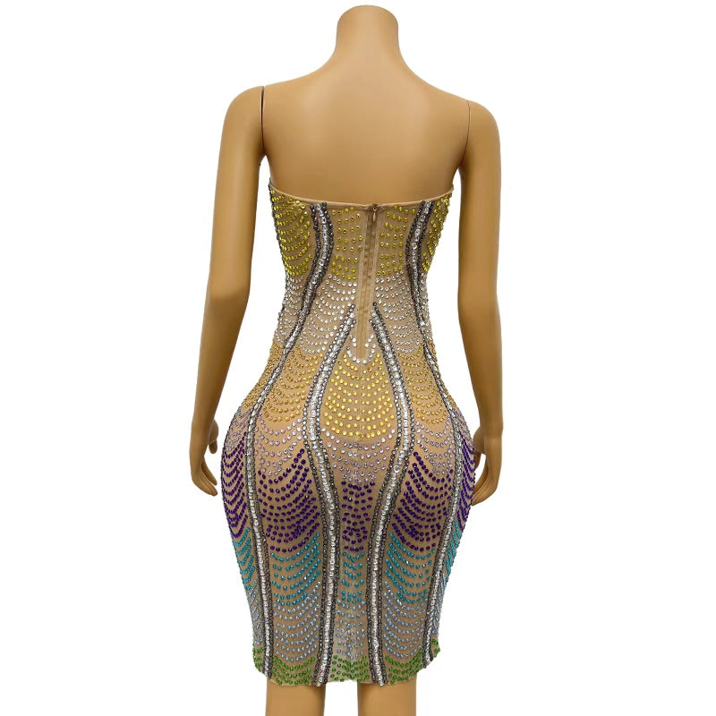 CELESINYI Caihonglian Crystal Rainbow Mini Dress
