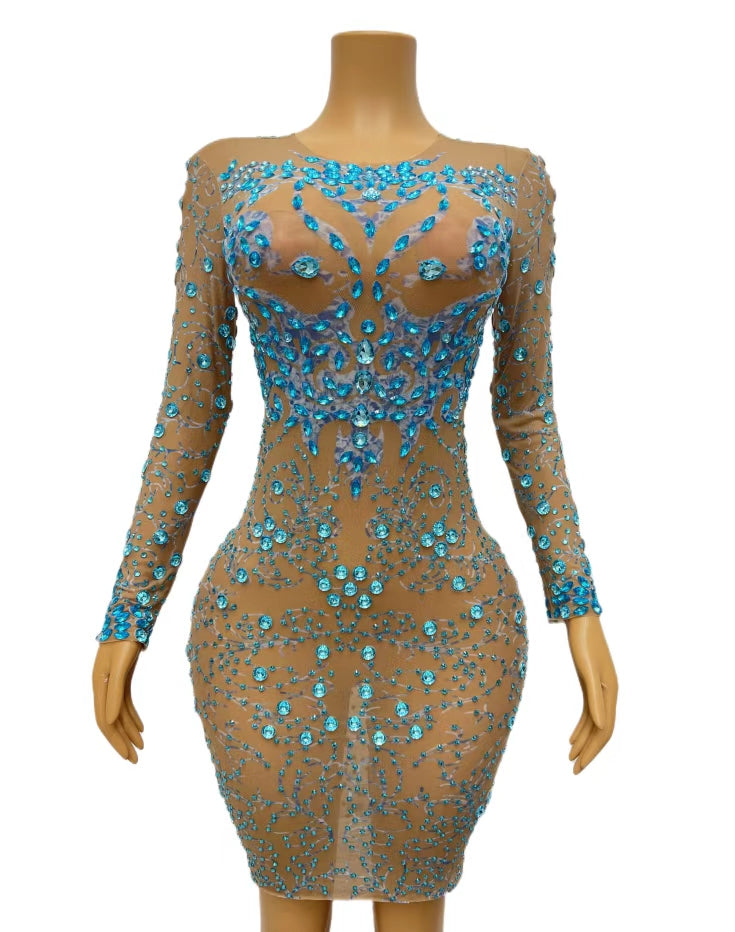 CELESINYI Lanying Crystal Blue Mini Dress