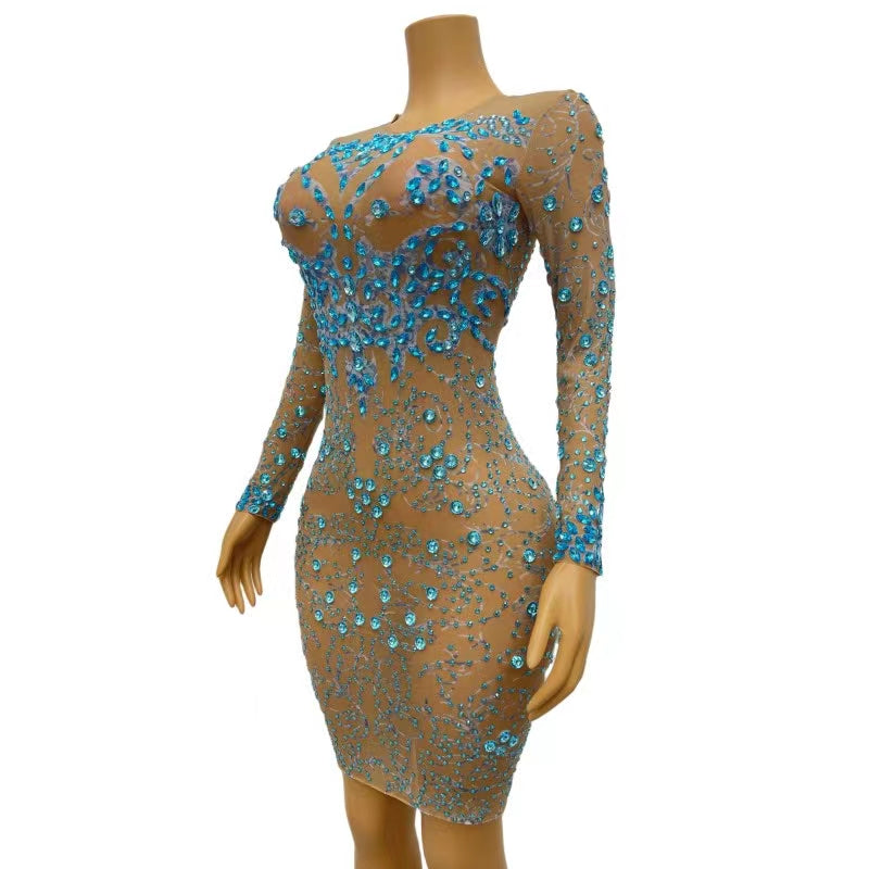 CELESINYI Lanying Crystal Blue Mini Dress