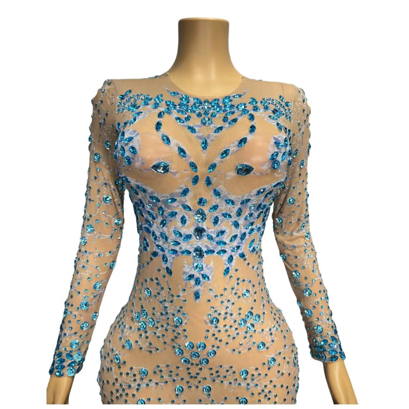 CELESINYI Lanying Crystal Blue Mini Dress