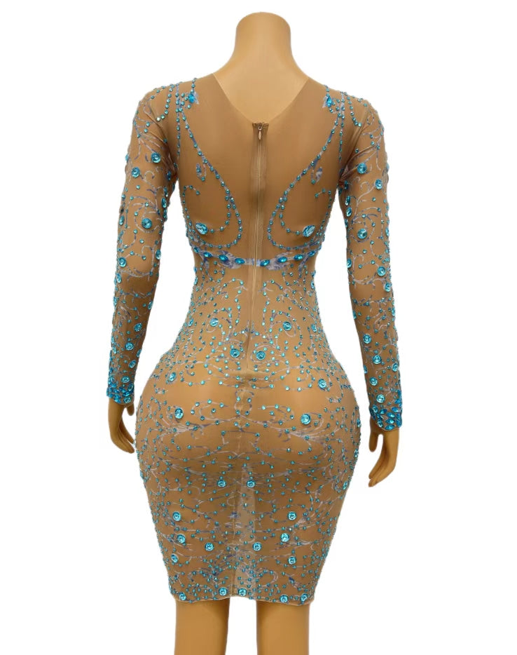 CELESINYI Lanying Crystal Blue Mini Dress