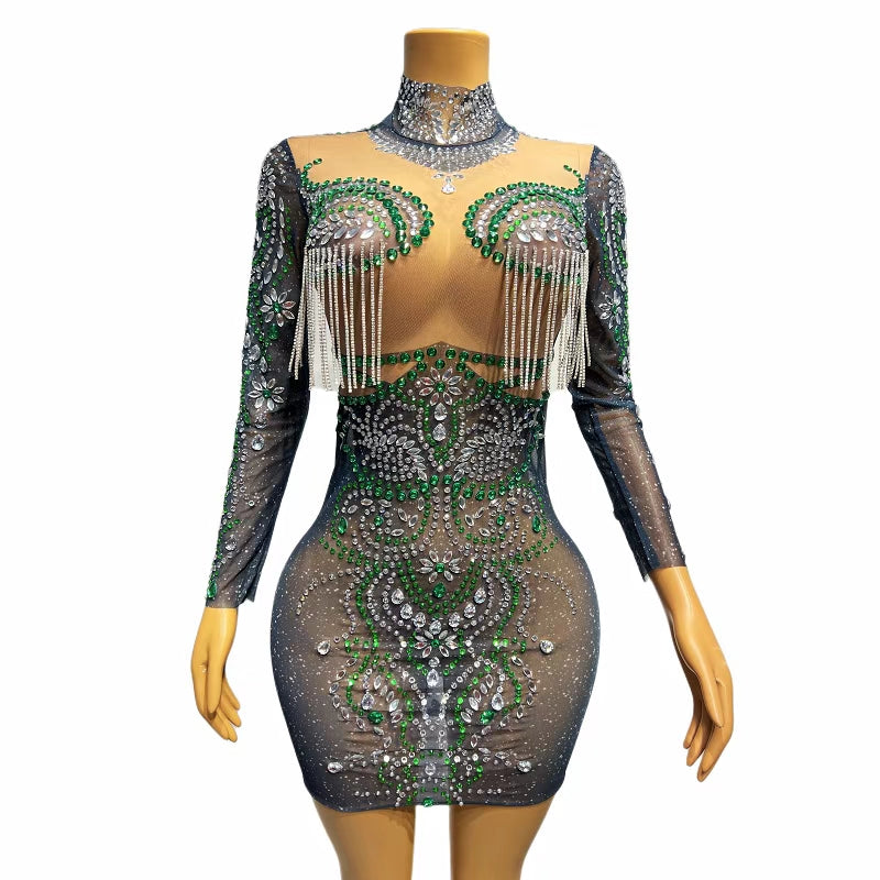 CELESINYI Feicui Crystal Emerald Mini Dress