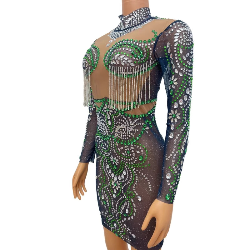 CELESINYI Feicui Crystal Emerald Mini Dress