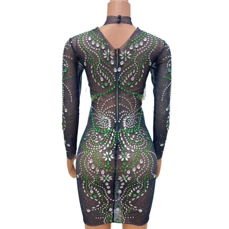 CELESINYI Feicui Crystal Emerald Mini Dress