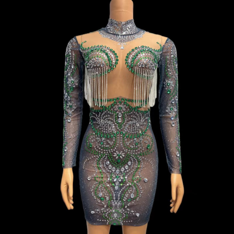 CELESINYI Feicui Crystal Emerald Mini Dress