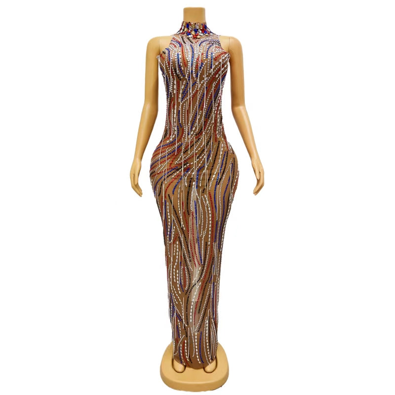 CELESINYI Caitiaoqun Crystal Stripe Naked Dress
