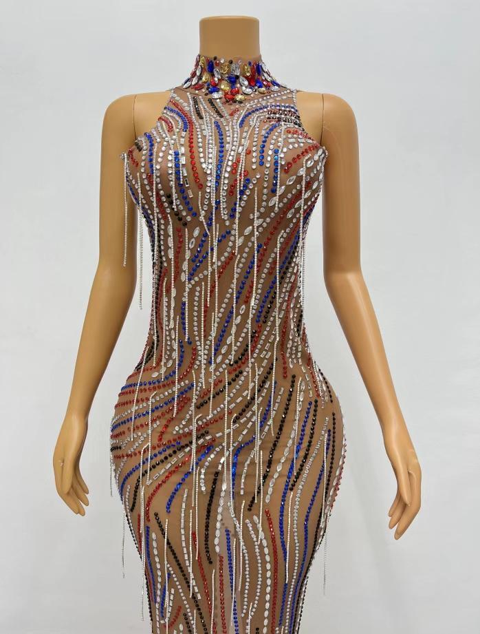 CELESINYI Caitiaoqun Crystal Stripe Naked Dress