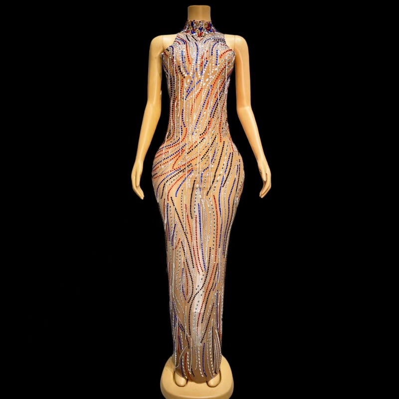 CELESINYI Caitiaoqun Crystal Stripe Naked Dress