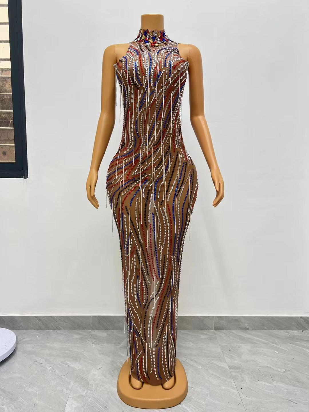 CELESINYI Caitiaoqun Crystal Stripe Naked Dress
