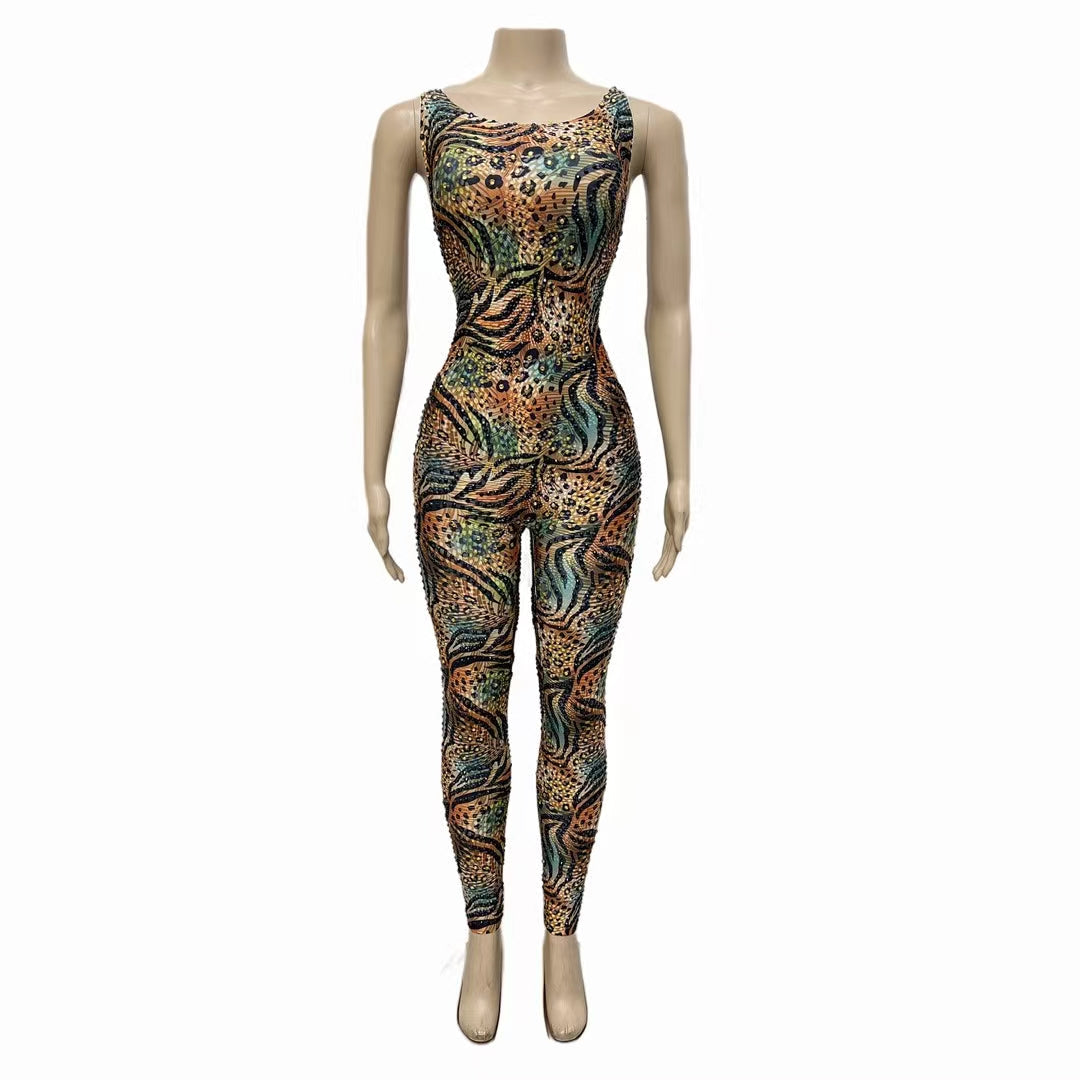 CELESINYI Lvbaoku Crystal Leopard Jumpsuit