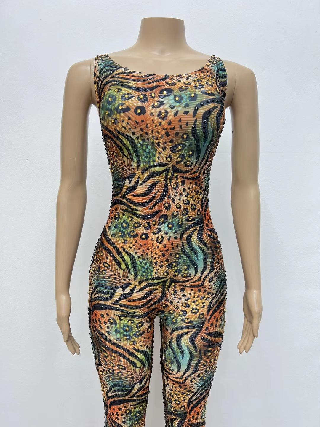 CELESINYI Lvbaoku Crystal Leopard Jumpsuit