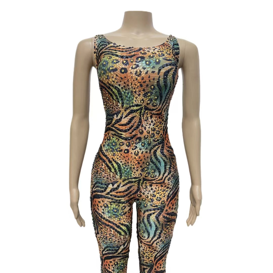 CELESINYI Lvbaoku Crystal Leopard Jumpsuit