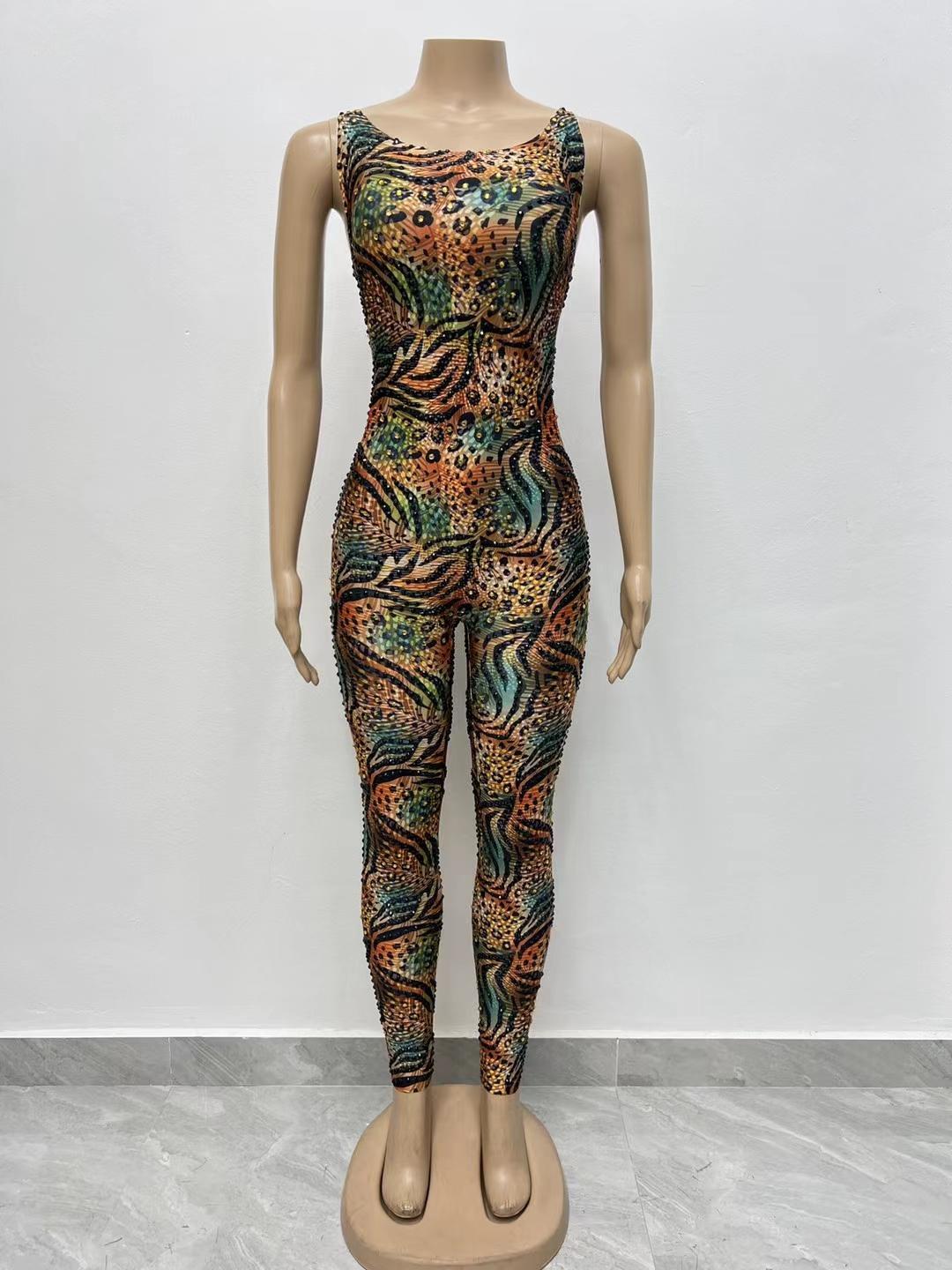 CELESINYI Lvbaoku Crystal Leopard Jumpsuit