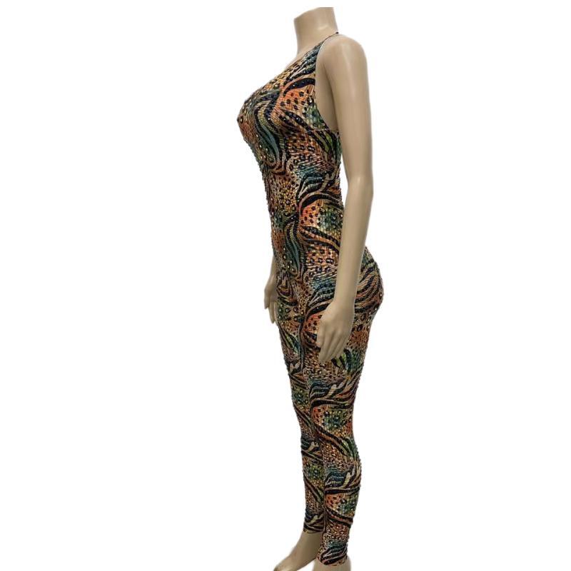 CELESINYI Lvbaoku Crystal Leopard Jumpsuit