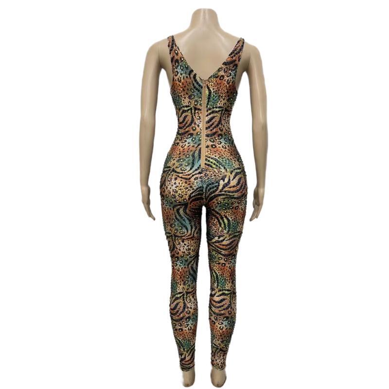 CELESINYI Lvbaoku Crystal Leopard Jumpsuit