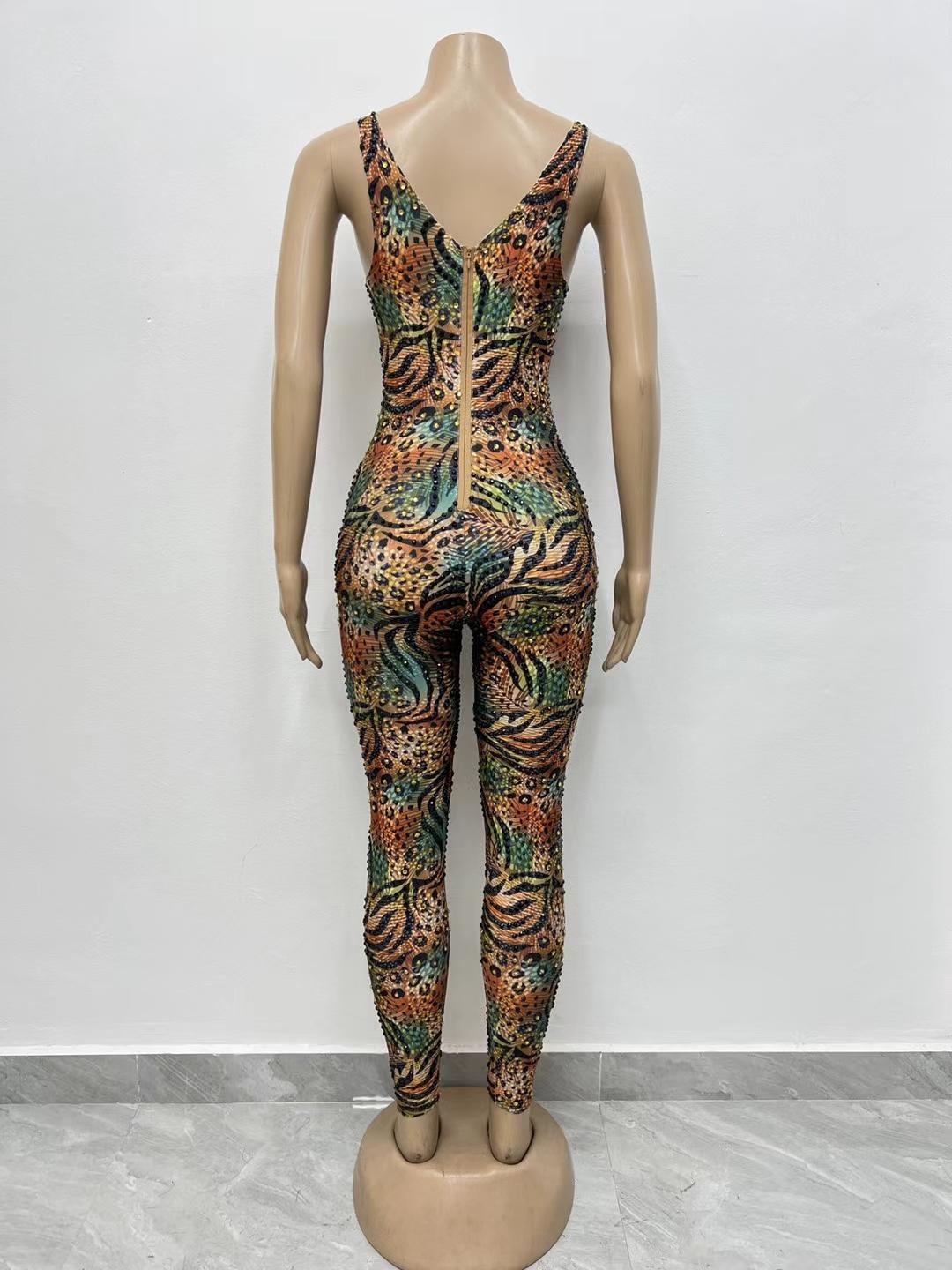 CELESINYI Lvbaoku Crystal Leopard Jumpsuit