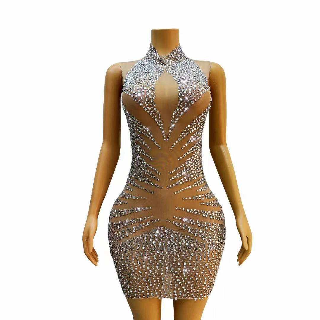 CELESINYI Manzuan Crystal Keyhole Mini Dress