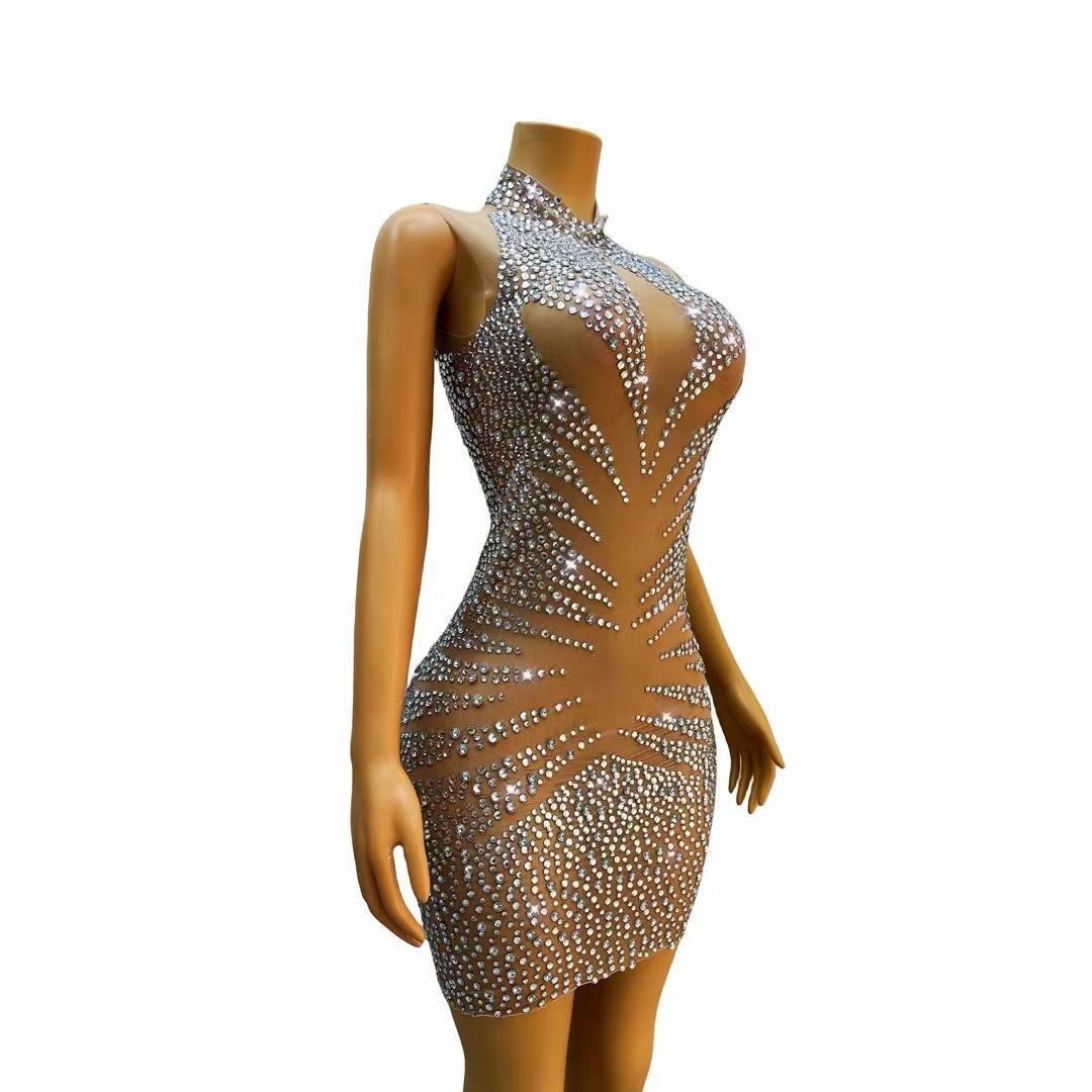 CELESINYI Manzuan Crystal Keyhole Mini Dress