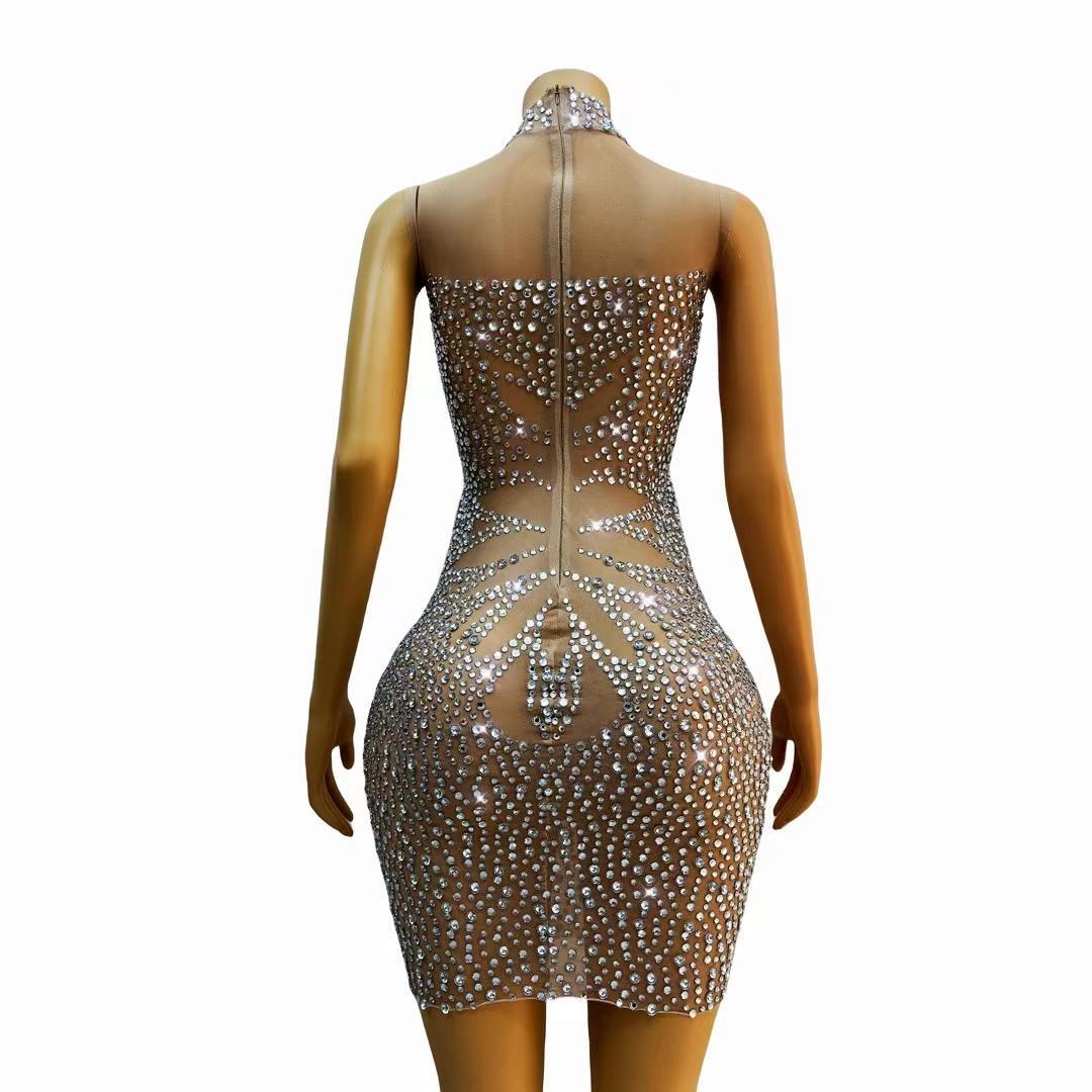 CELESINYI Manzuan Crystal Keyhole Mini Dress