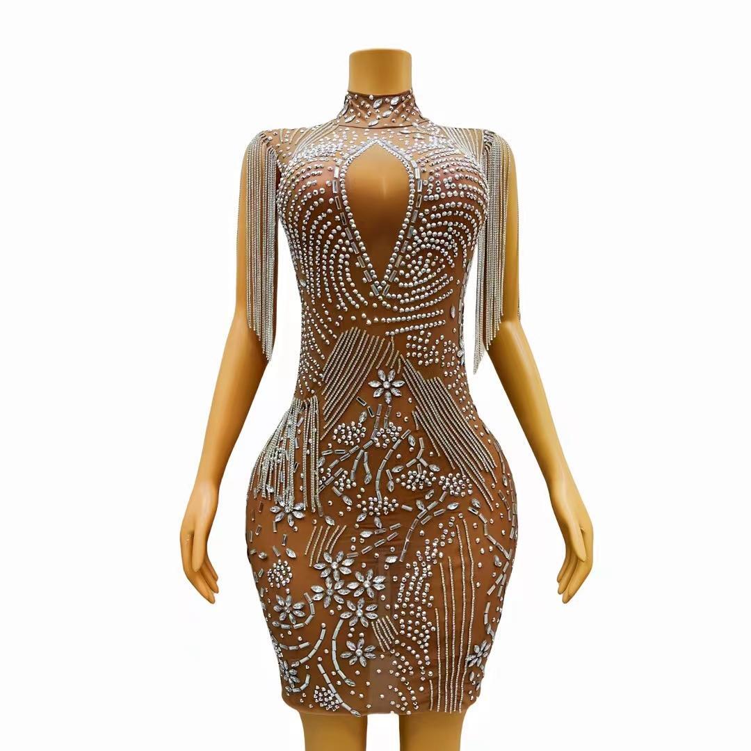 CELESINYI Jinghua Crystal Fringe Mini Dress