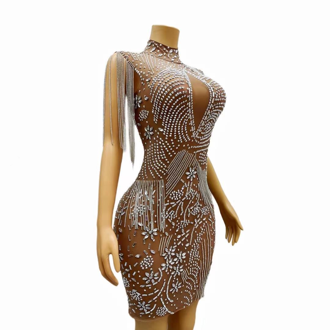 CELESINYI Jinghua Crystal Fringe Mini Dress