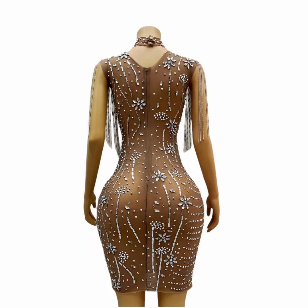 CELESINYI Jinghua Crystal Fringe Mini Dress