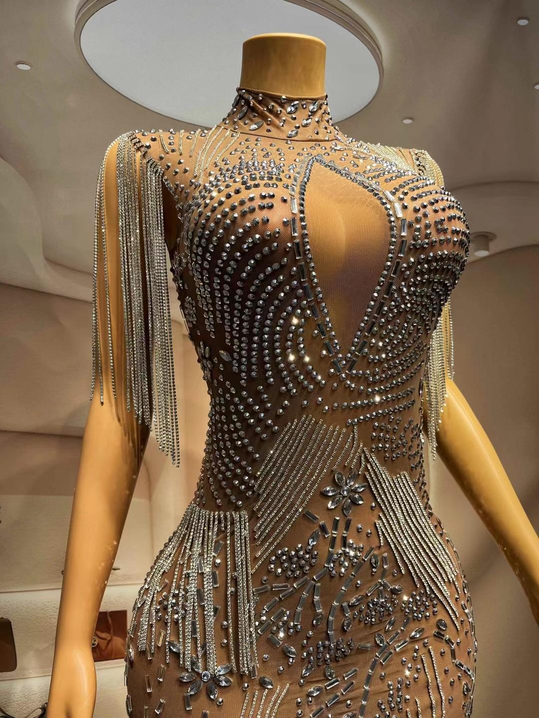 CELESINYI Jinghua Crystal Fringe Mini Dress