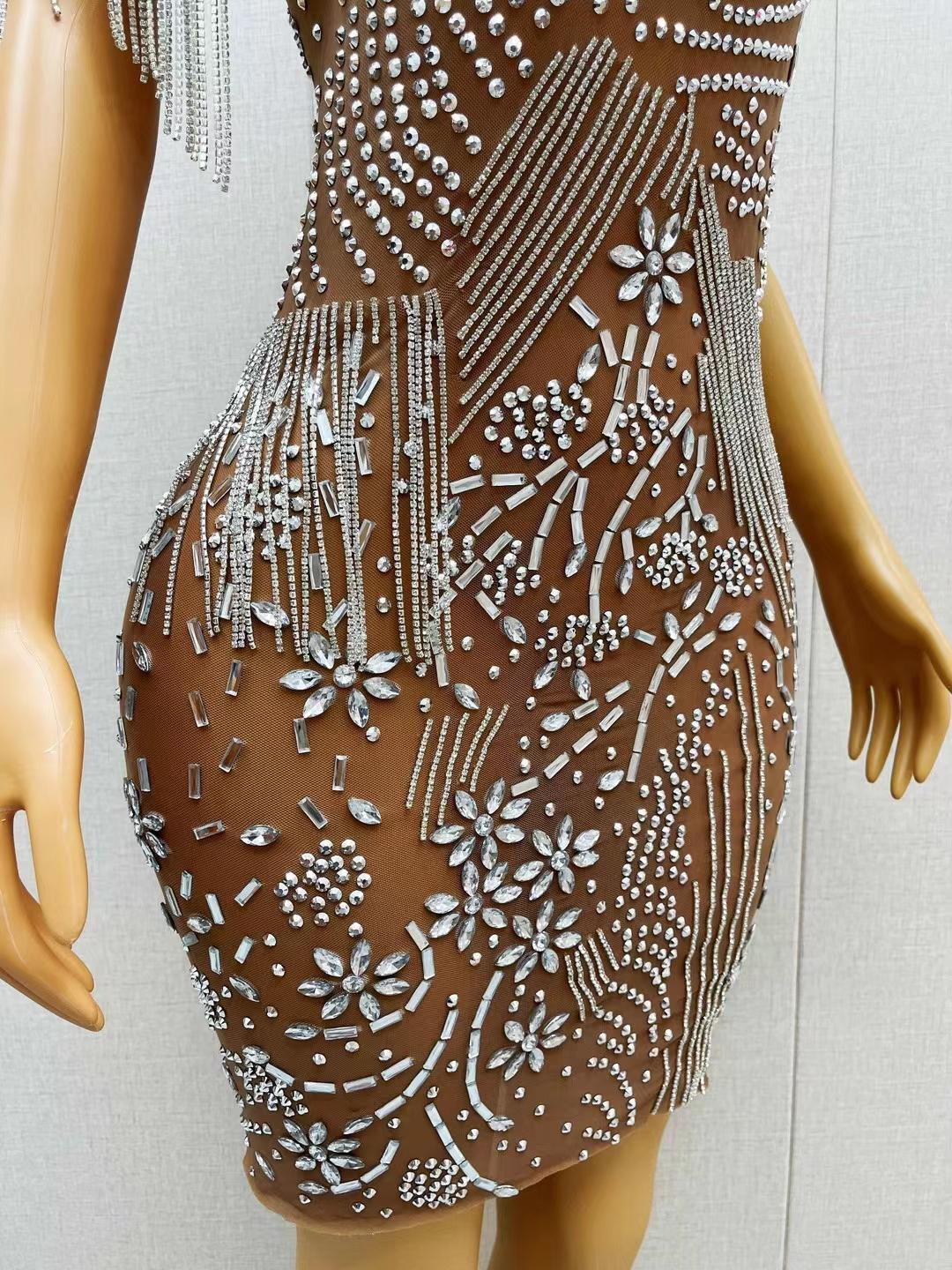CELESINYI Jinghua Crystal Fringe Mini Dress