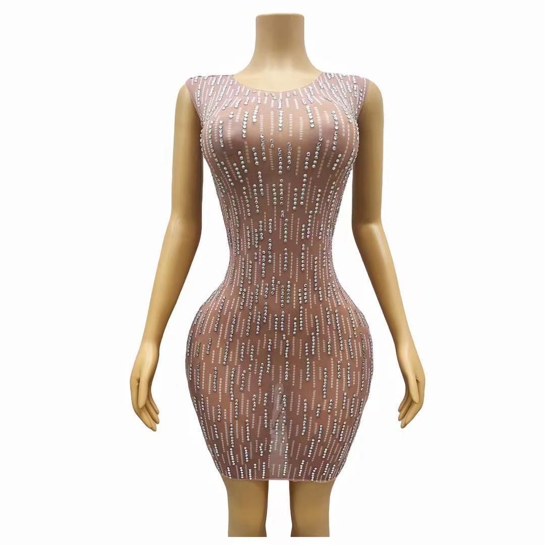 CELESINYI Shandian Crystal Stripe Mini Dress