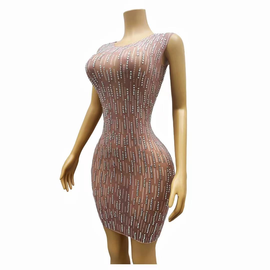 CELESINYI Shandian Crystal Stripe Mini Dress