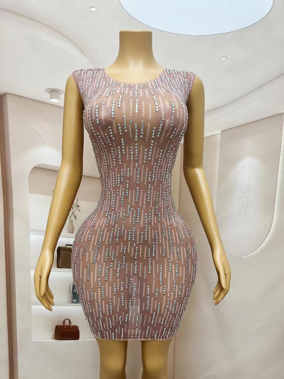 CELESINYI Shandian Crystal Stripe Mini Dress