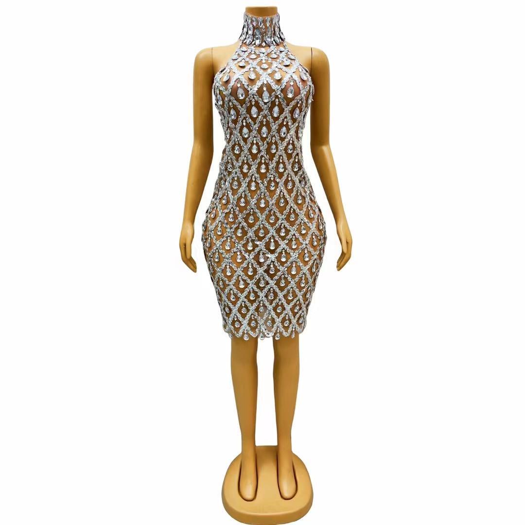 CELESINYI Shaokaojia Crystal Grid Mini Dress