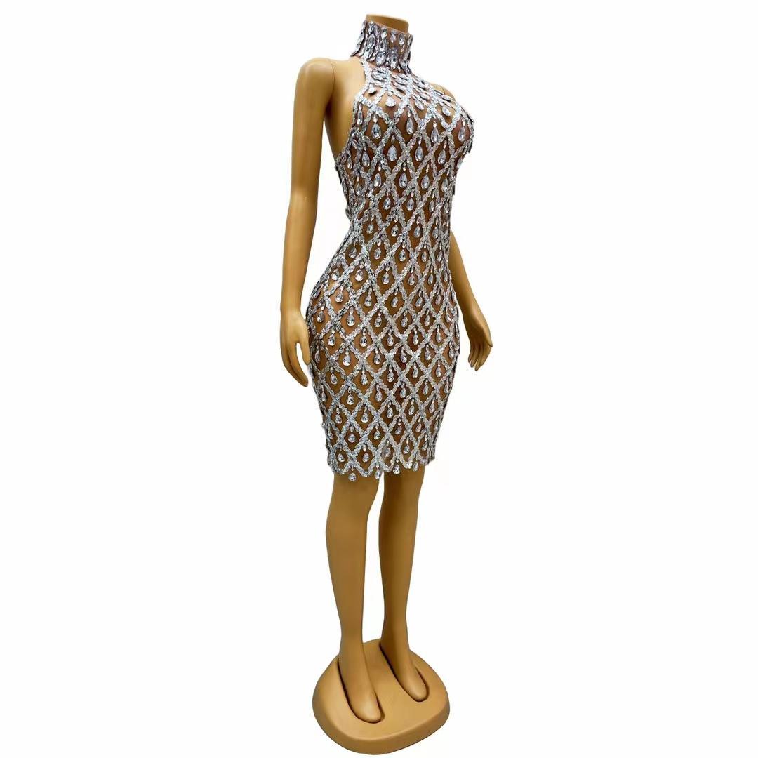 CELESINYI Shaokaojia Crystal Grid Mini Dress