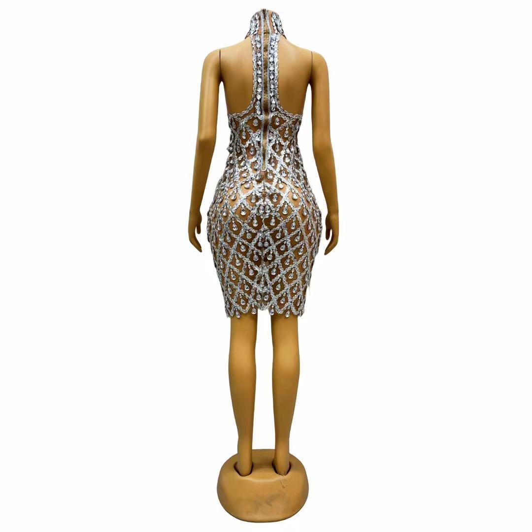 CELESINYI Shaokaojia Crystal Grid Mini Dress