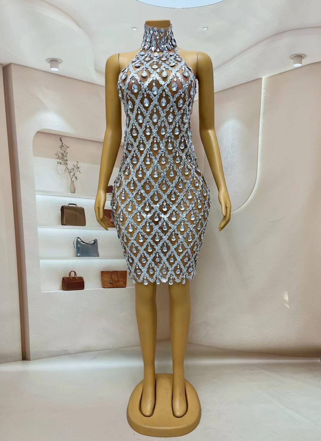 CELESINYI Shaokaojia Crystal Grid Mini Dress