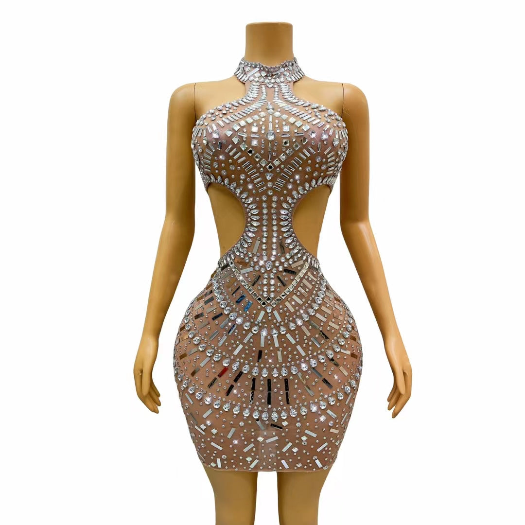 CELESINYI Fangxiang Crystal One Shoulder Mini Dress