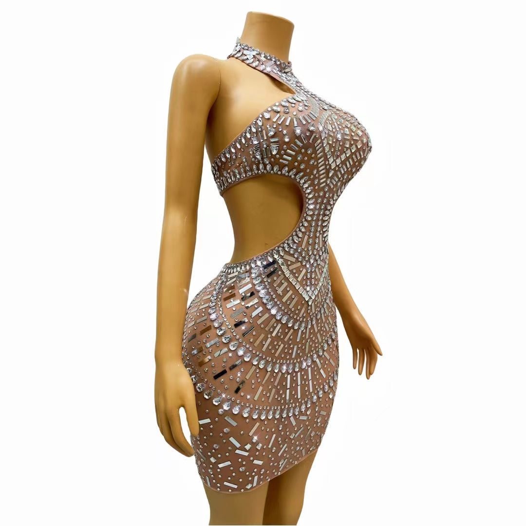 CELESINYI Fangxiang Crystal One Shoulder Mini Dress