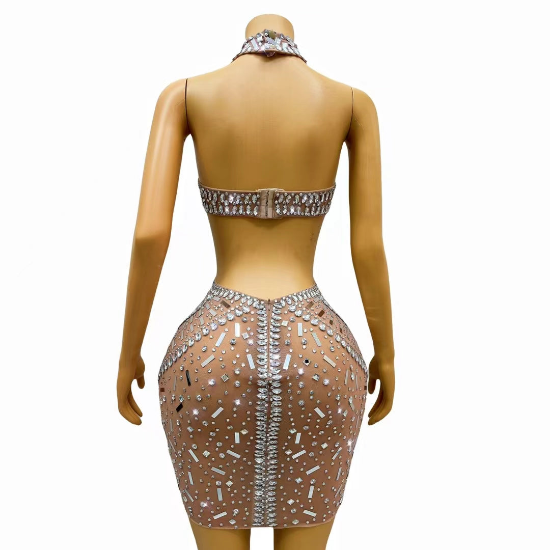 CELESINYI Fangxiang Crystal One Shoulder Mini Dress