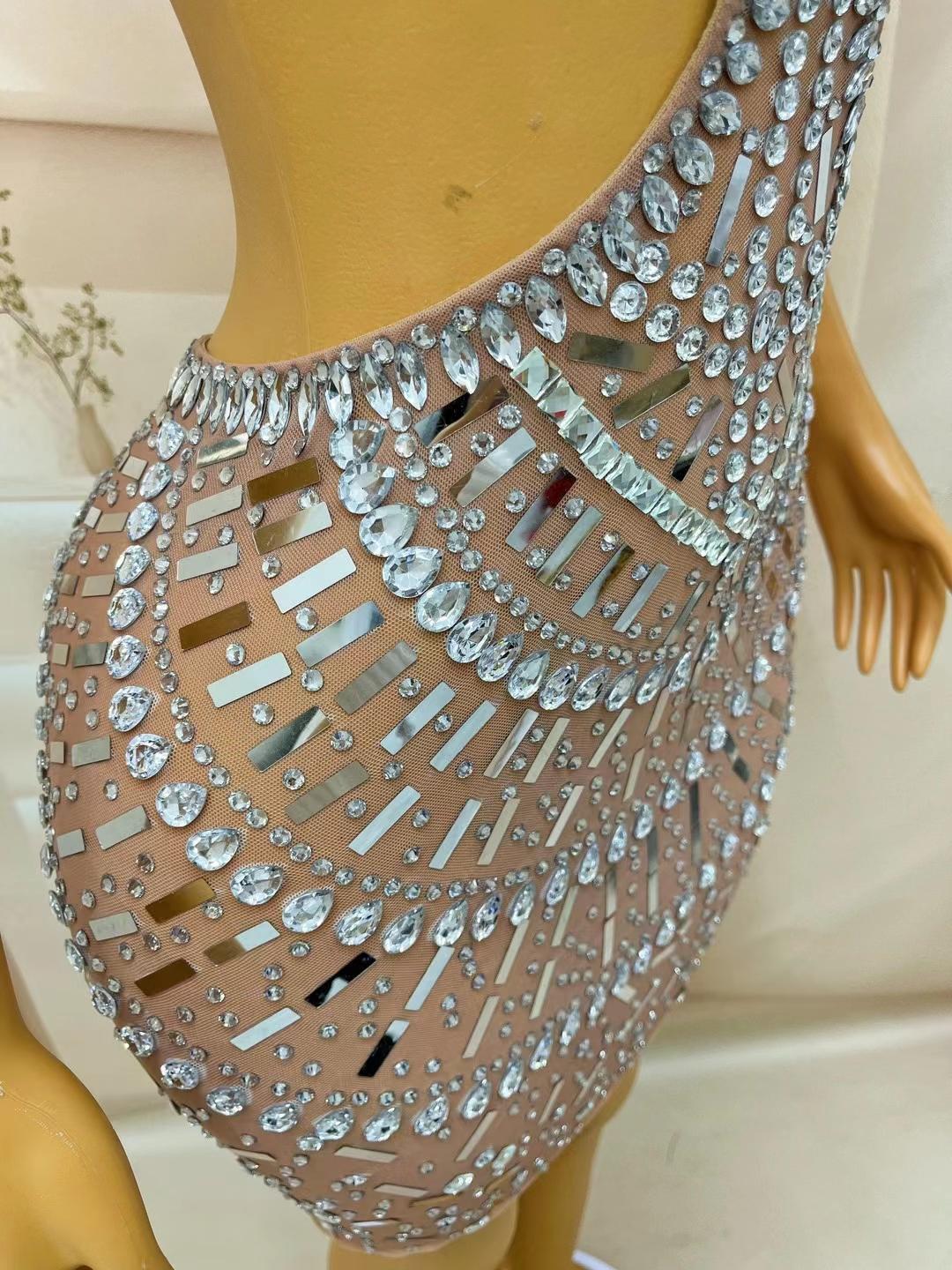 CELESINYI Fangxiang Crystal One Shoulder Mini Dress